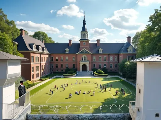 Prompt: 
School Days. No Escape. Overview of a classic school building in summer green, with lots of children on the playground. In the foreground 2 watchtowers connected by barbed wire, plus a typical English teacher