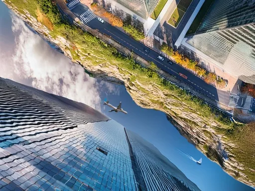 Prompt: 
Depth. Image from very high down, a tower block on the edge of a ravine, with a large water surface with the reflection of a very high office building