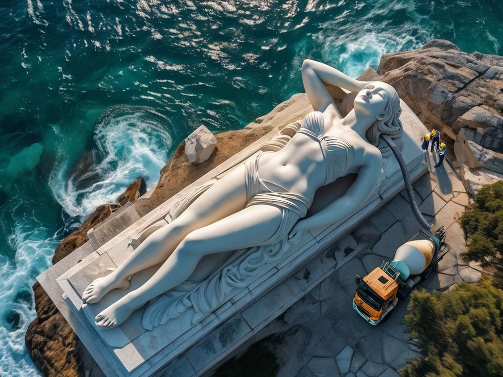 Prompt: Image seen from very high up, a huge cement statue of a slim young woman, sunbathing along the shore, next to her a concrete mixer truck plus some workmen