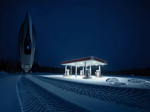 Prompt: Tracks. A vague image of a giant futuristic vehicle driving away into the dark distance. In the center a gas station with some giant footprints in the snow