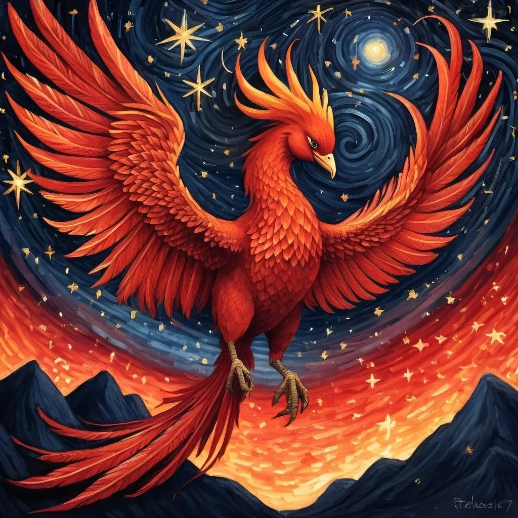 Prompt: Red Pheonix rising under a starry night