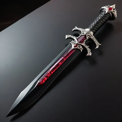 Prompt: A black blade dagger with silver handle and red ruby graphic novel style
