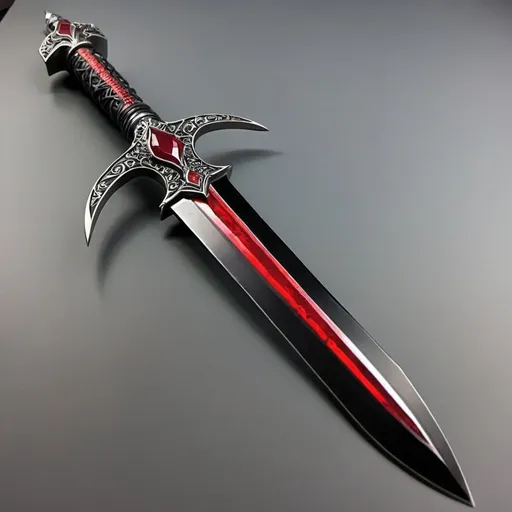 Prompt: A black blade dagger with silver handle and red ruby comic book style
