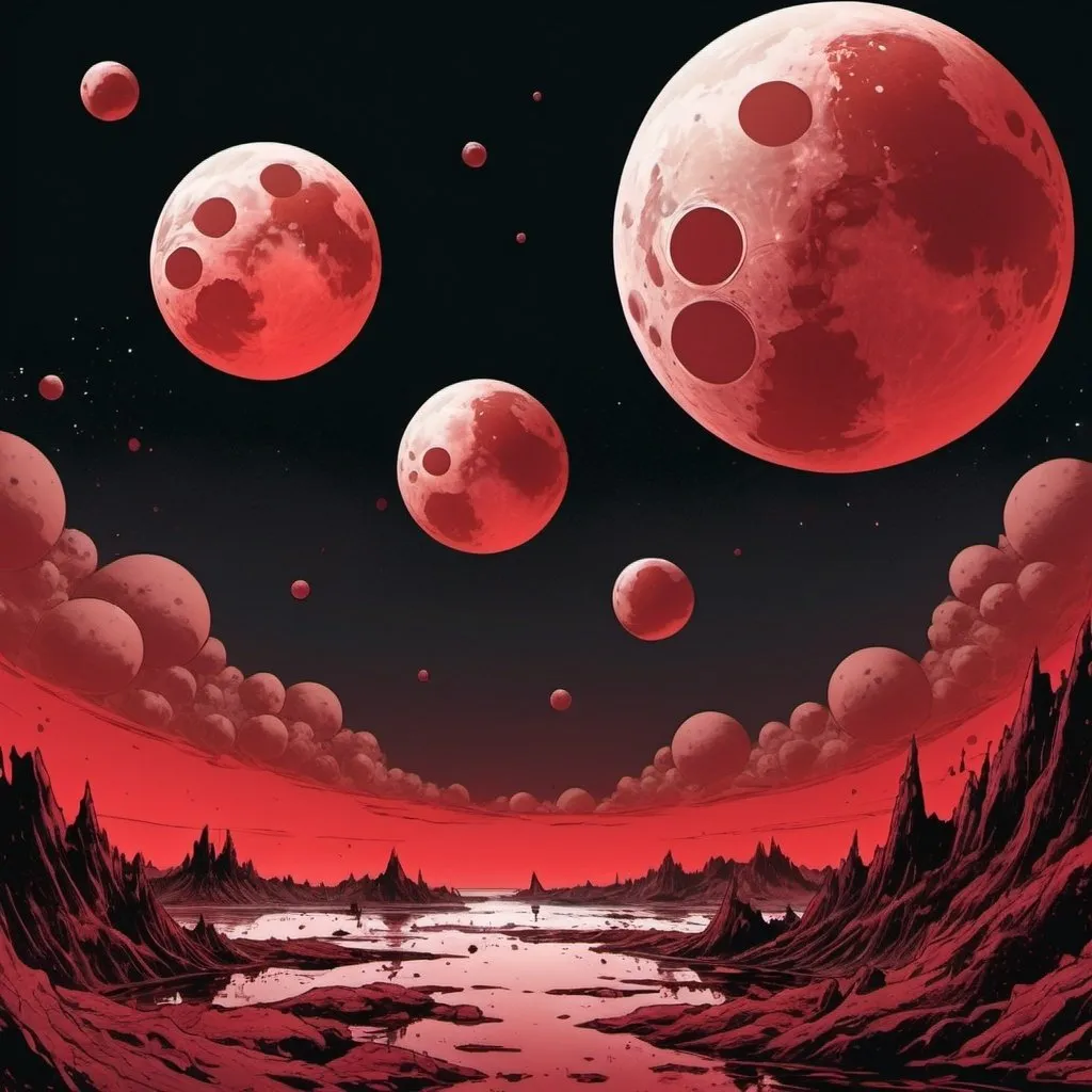 Prompt: multiple moons floating above a sea of blood in a comic book style