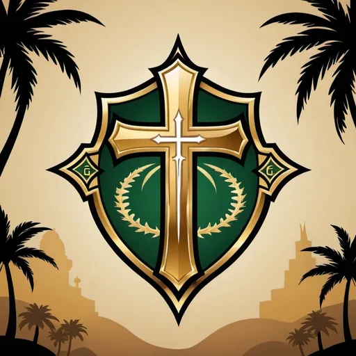 Prompt: Create A fantasy football logo for a team named G Cross. Incorporate golden middle eastern royal theme with a G, palm trees, swords, and a cross. No larger than 500KB.