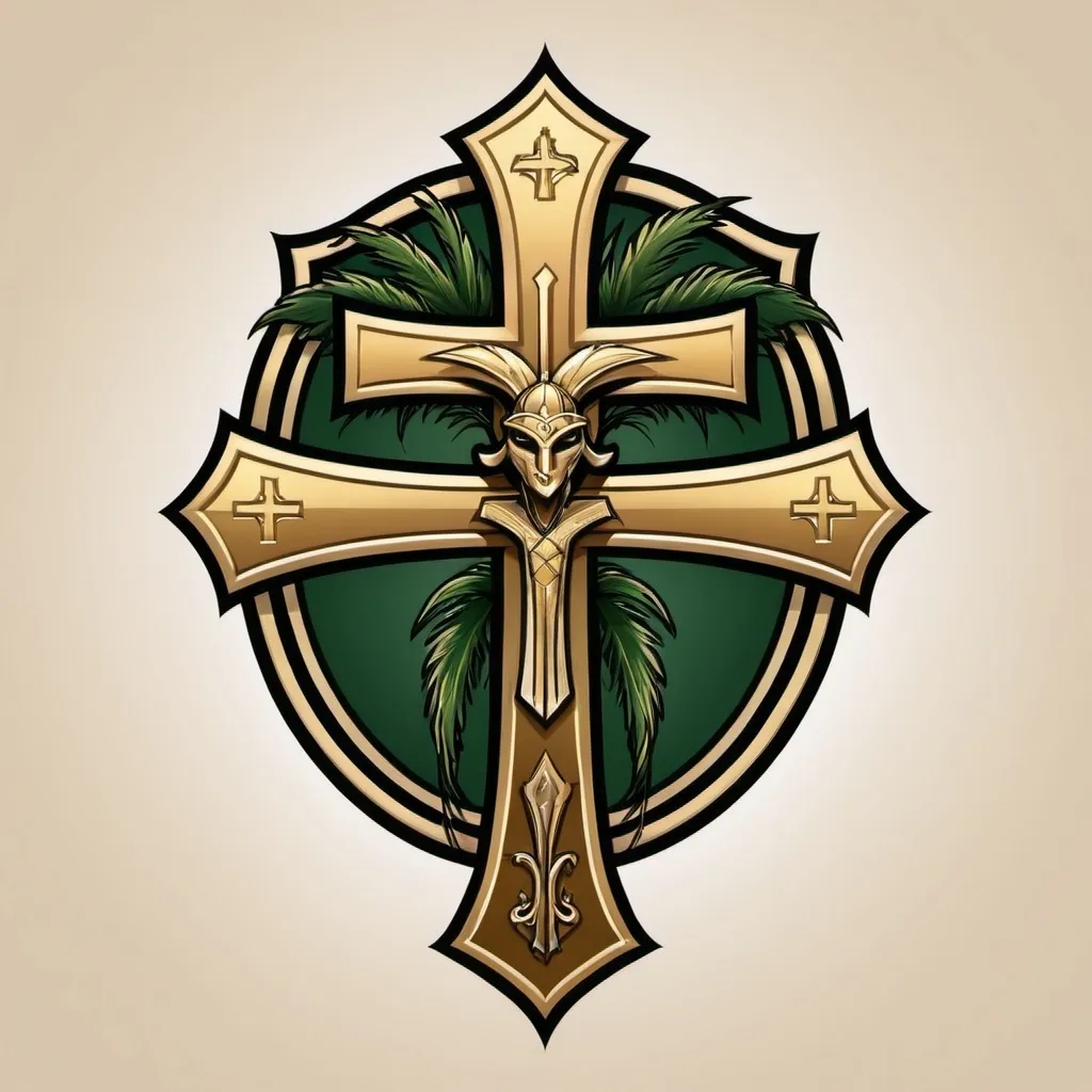 Prompt: Create A fantasy football logo for a team named G Cross. Incorporate golden middle eastern royal theme with palm trees, swords, and a cross. No larger than 500KB.