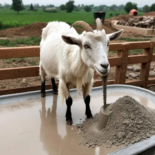 Prompt: Cement from the sky getting poured onto a Goat