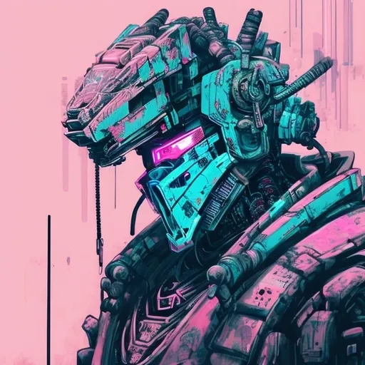 Prompt: Hyper-robot samurai face with broken mind, graffiti art, Chinese background words, cyan, pink, blue and purple tones, cyberpunk, dystopian setting, intricate details, urban street art, futuristic, neon lights, intense and distorted expression, highres, ultra-detailed, cyberpunk, graffiti art, samurai, broken mind, Chinese characters, futuristic, neon, cyan, pink, blue, purple, dystopian.