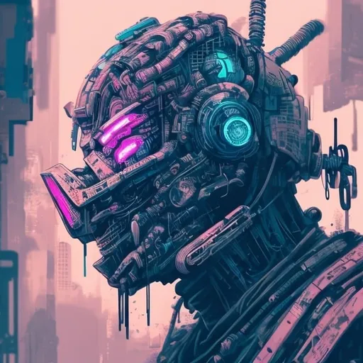 Prompt: Hyper-robot samurai face with broken mind, graffiti art, Chinese background words, cyan, pink, blue and purple tones, cyberpunk, dystopian setting, intricate details, urban street art, futuristic, neon lights, intense and distorted expression, highres, ultra-detailed, cyberpunk, graffiti art, samurai, broken mind, Chinese characters, futuristic, neon, cyan, pink, blue, purple, dystopian, intense expression, urban, intricate details, atmospheric lighting