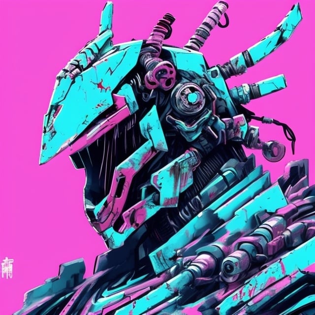 Prompt: graffity art, hyper-robot samurai face with broken mind Cyber punk, cyan pink blue and purple. chineese words
