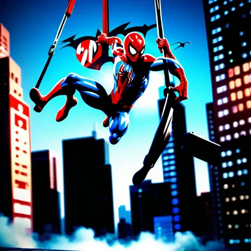 Prompt: Spiderman swinging through a metropolitan city, realistic 3D rendering, iconic red and blue color scheme, dynamic web-swinging action, detailed cityscape with skyscrapers, high quality, cinematic, action-packed, realistic lighting, city at night, dramatic perspective, intense superhero, detailed textures, powerful poses, dramatic shadows, urban environment