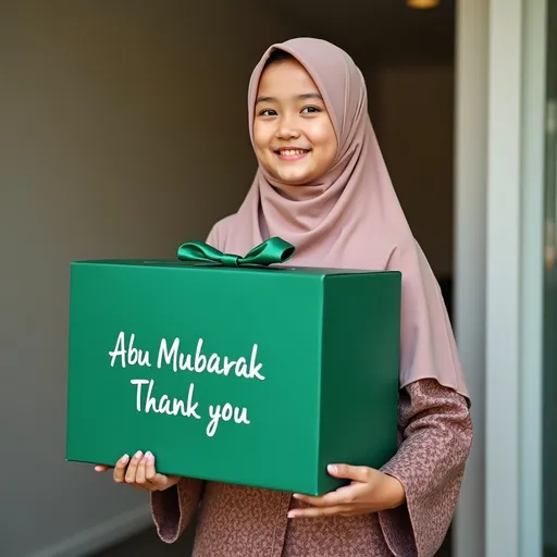 Prompt: A beautiful girl in nice hijab and nice baju kurung carrying a big rectangular green box with no ribbon . Written on top of  the box  Abu Mubarak and Thank you .