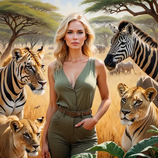 Prompt: Blonde woman surrounded by safari animals, warm oil painting, detailed African wildlife, vibrant colors, high quality, realistic, warm tones, natural lighting, lions, zebras, giraffes, elephants, safari setting, stunning blonde, elegant pose, lush greenery, exotic beauty