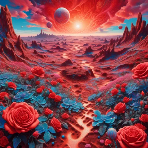 Prompt: <mymodel>Vibrant, surreal painting of radiant roses blooming on Mars surface, hyper-realistic petals with iridescent sheen, sci-fi botanical illustration, Martian landscape with red rocks and a hint of alien flora, high quality, hyper-realism, surrealism, vibrant colors, futuristic, detailed flora, otherworldly, atmospheric lighting