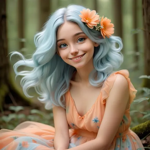 Prompt: Dreamy pastel portrait, 20 year old girl, light blue hair with 2 flowers, smiling, light orange flowing dress, sitting in the forest, ethereal atmosphere, soft focus, shoulder length hair