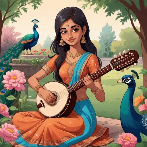 Prompt: illustration, cartoon, Indian girl 20 years old playing sitar sitting in a beautiful garden with flowers, evening, peacock next to the girl