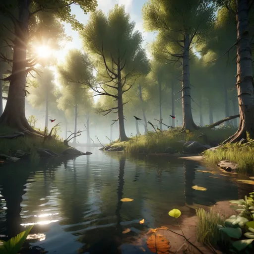Prompt: a mysterious forest next to a lake, high quality, unreal engine, sunlight coming through trees, few birds flying