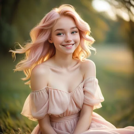 Prompt: Dreamy pastel portrait, 20 year old girl, light pink and golden hair, smiling, off shoulder flowing dress,  ethereal atmosphere, soft focus