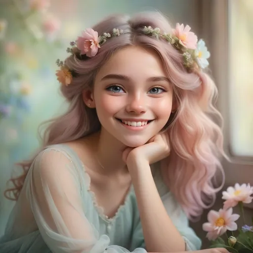 Prompt: Dreamy pastel portrait, 18 year old girl, smiling, ethereal atmosphere, soft focus,two flowers in hair, sitting, 