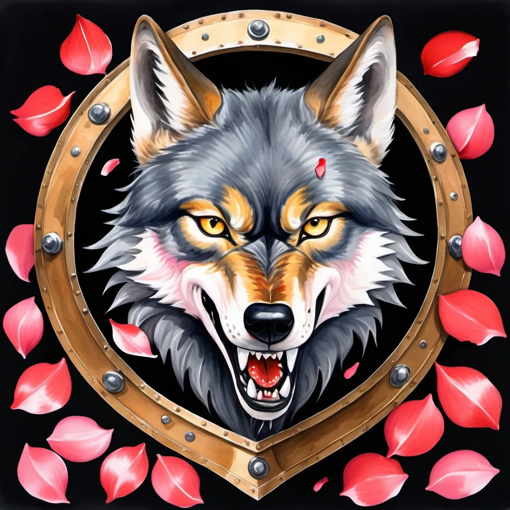 Prompt: A fierce wolf, piercing a shield with its fangs in rose petals, gouache watercolor