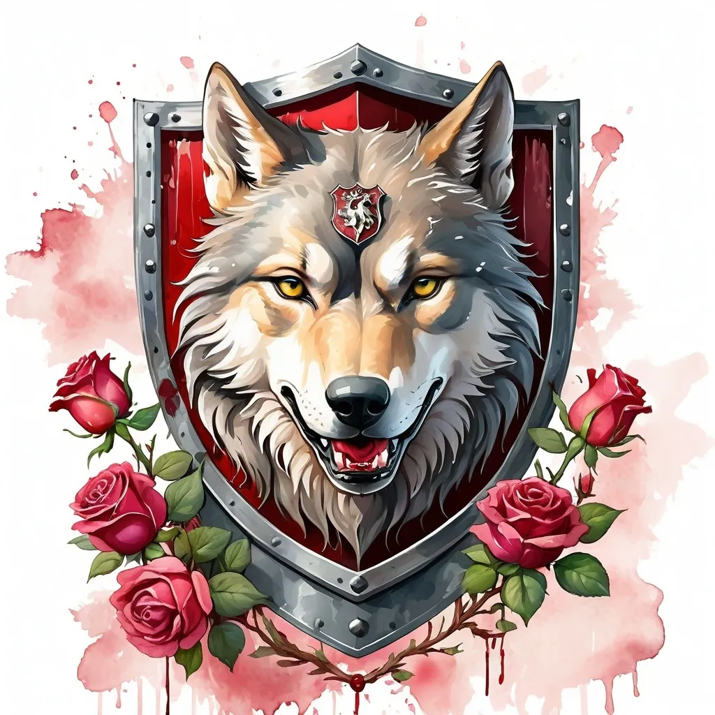 Prompt: digital watercolor painting, a crest of a wolf with a shield hanging from the wolf’s mouth and roses around the wolf and shield.