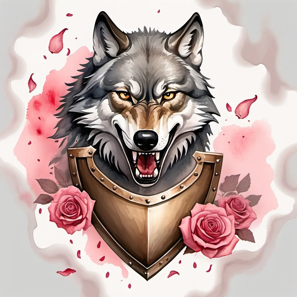 Prompt: Digital water color of a wolf dragging a shield with its jaws through rose petals