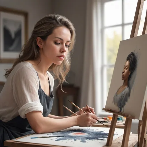 Prompt: realistic image of woman making art with  a peaceful expression


