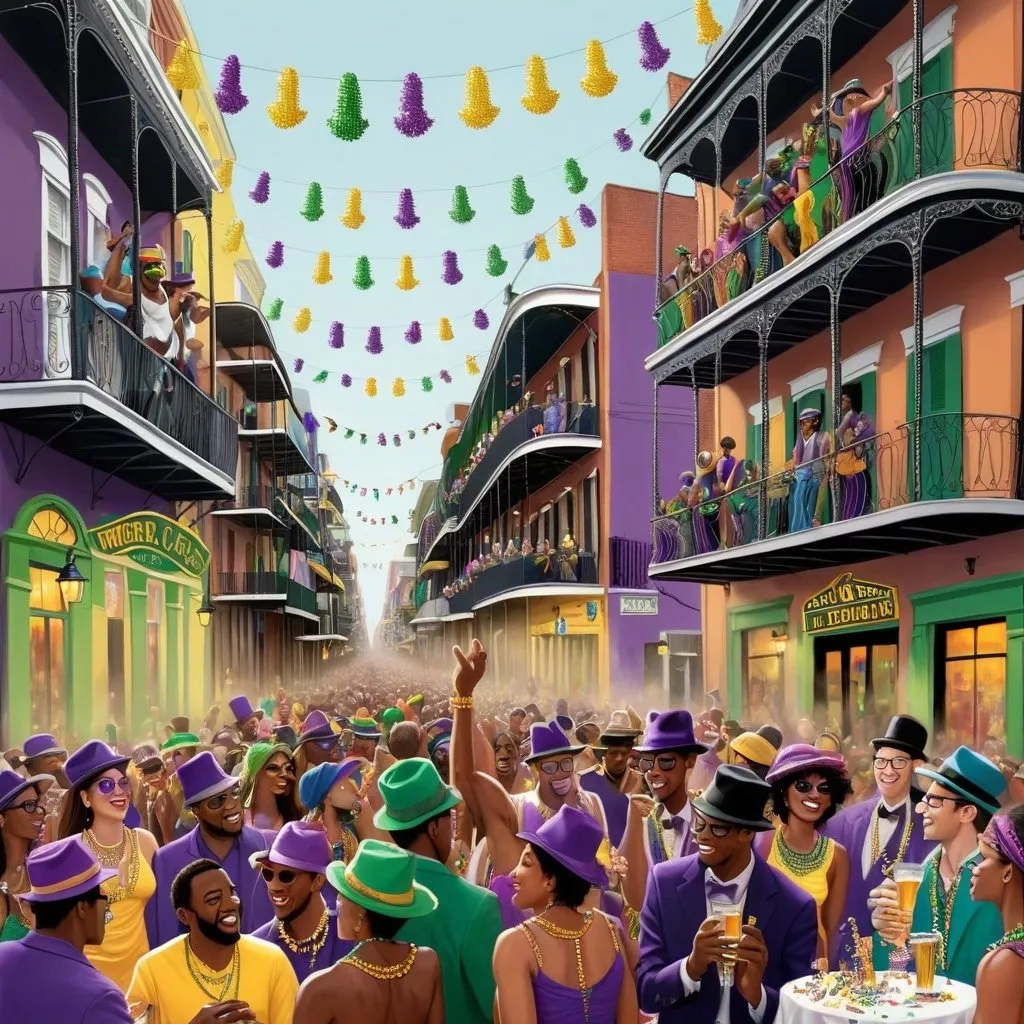 Prompt: An illustration of Mardi Gras from bourbon street view, with people drinking and throwing beaded necklaces, jazz musicians playing, in the style of “Where’s Waldo” books.