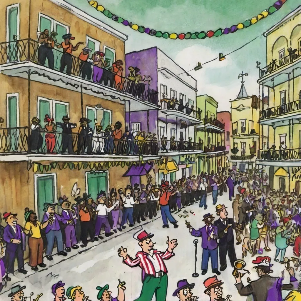 Prompt: An illustration of Mardi Gras from bourbon street view, with people drinking and throwing beaded necklaces, jazz musicians playing, in the style of “Where’s Waldo” books.