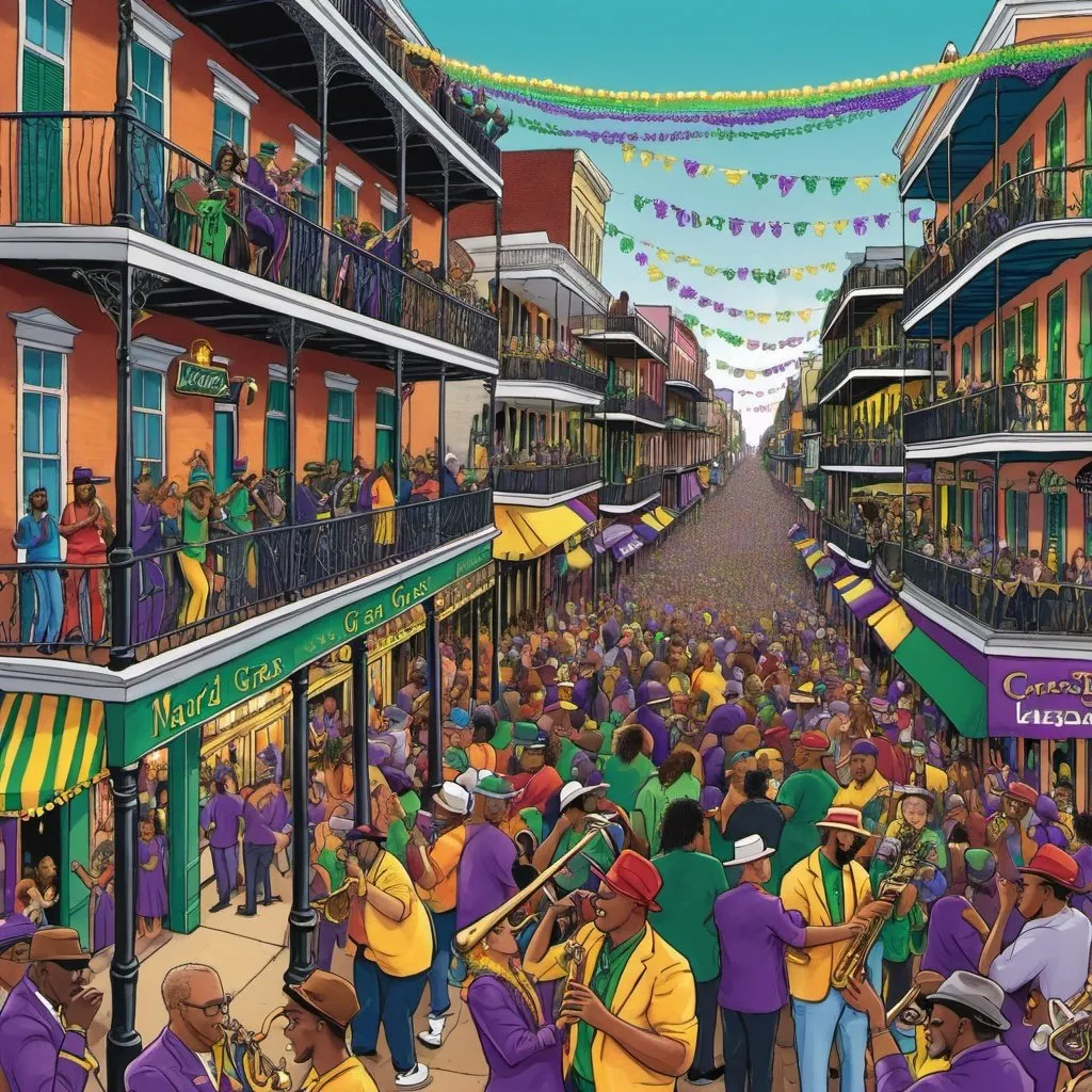 Prompt: An illustration of Mardi Gras from bourbon street view, with people drinking and throwing beaded necklaces, jazz musicians playing, in the style of “Where’s Waldo” books.