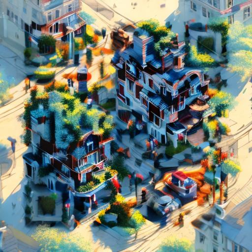 Prompt: a beautiful digital painting of an isometric  view of a cozy small suburban town by greg rutkowski, trending on artstation