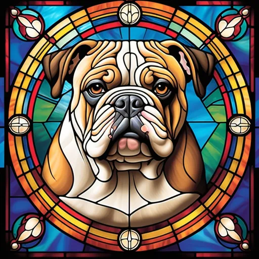 Prompt: Create a stained glass-style illustration featuring a bulldog as the central subject. The bulldog should have bold outlines and vibrant, segmented colors resembling traditional stained glass art. Surround the bulldog with decorative elements such as dog bones, paw prints, a collar, or artistic patterns. The background should include geometric stained glass panels or a church window effect, with light filtering through. Use a rich color palette of blues, reds, yellows, and purples to enhance contrast and depth, creating a striking and luminous composition.