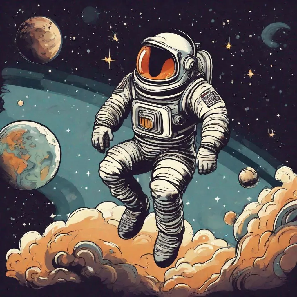 Prompt: cartoon retro themed  astronaut floating  out in space looking  out at the stars 