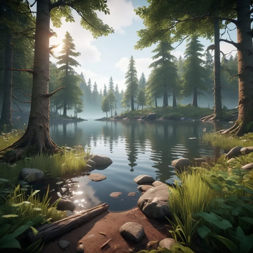 Prompt: a mysterious forest next to a lake, high quality, unreal engine