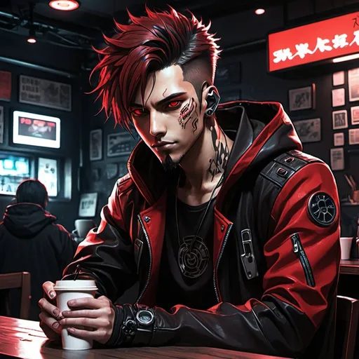 Prompt: Anime cyberpunk style, man in coffee shop, wearing a black and red jacket, highly detailed, HD, dark background