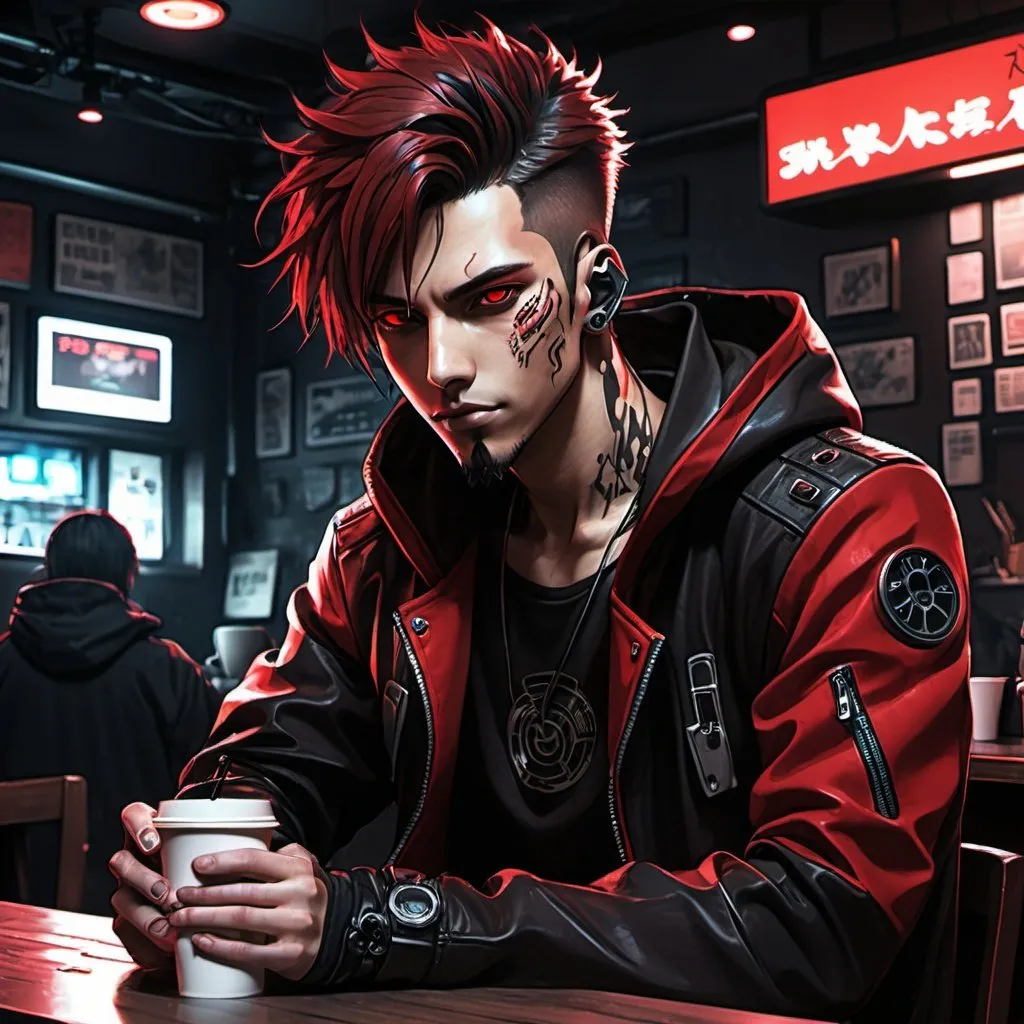 Prompt: Anime cyberpunk style, man in coffee shop, wearing a black and red jacket, highly detailed, HD, dark background