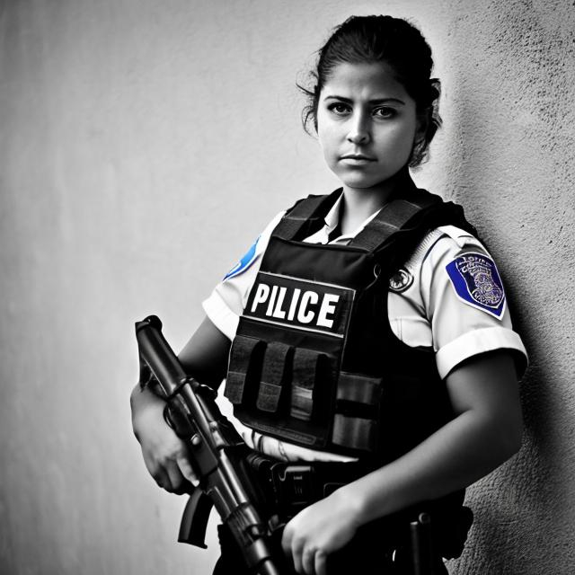 Prompt: a photograph of  a young 
 latina policewoman in a bulletproof vest. She looks tired. She has no hat.


