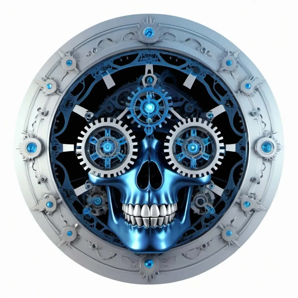 Prompt: The inner circle has a skull, mechanical, with bright blue eyes that glow with joy and a mysterious smile, and the skull's forehead has a clockwork mechanism.