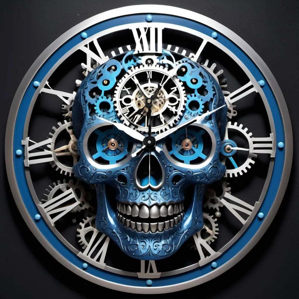 Prompt: wall clock  skull, mechanical, with cheerful blue eyes and a mysterious smile