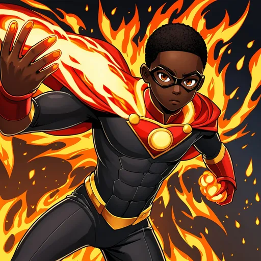 Prompt: un garçon noir superhéros aux pouvoir de feu 

