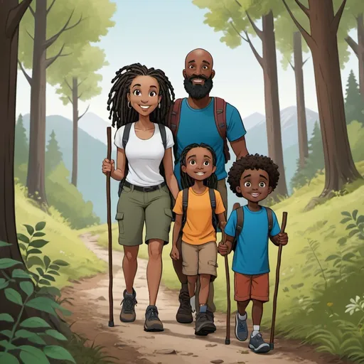 Prompt: animated black family hiking together, slim 30-year old dad, bald headed with black mustache and beard, slim 30-year old mom with long dreadlocks, 6- year old black boy with short dreadlocks hiking in on a trail with an all wood walking stick