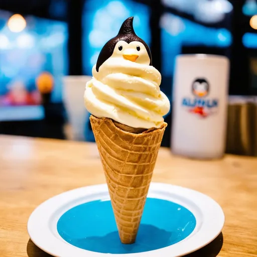 Prompt: an ice cream on a half cone, and the inside of the cone is a penguin
