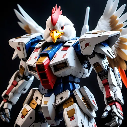 Prompt: (chicken themed gundam and otter themed gundam), epic teamwork, (dramatic lighting), hyper-realistic, detailed expressions, serious undertone, (ultra-detailed), 4K, intense action poses, dynamic composition, vibrant hues, challenging the boundaries of imagination, intricately designed armor, contrasted shadows, powerful atmosphere, perfect fusion of fantasy and technology.