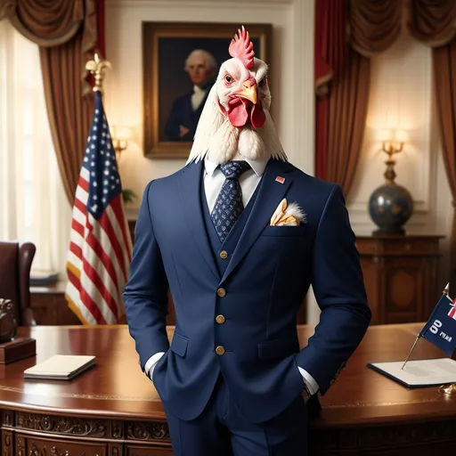 Prompt: (realism style), (warm color scheme), white chicken in a navy three-piece suit, standing confidently in a luxurious presidential office, ornate desk and international flags in the background, warm and welcoming lighting, a sense of authority and charm, ultra-detailed, high quality, vibrant ambiance.