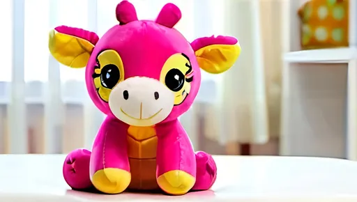 Prompt: A cute pink giraffe stuffed toy. Other random cute stuffed toys beside the giraffe.