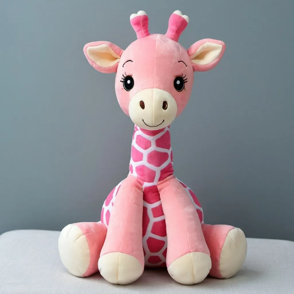 Prompt: A cute pink giraffe stuffed toy.