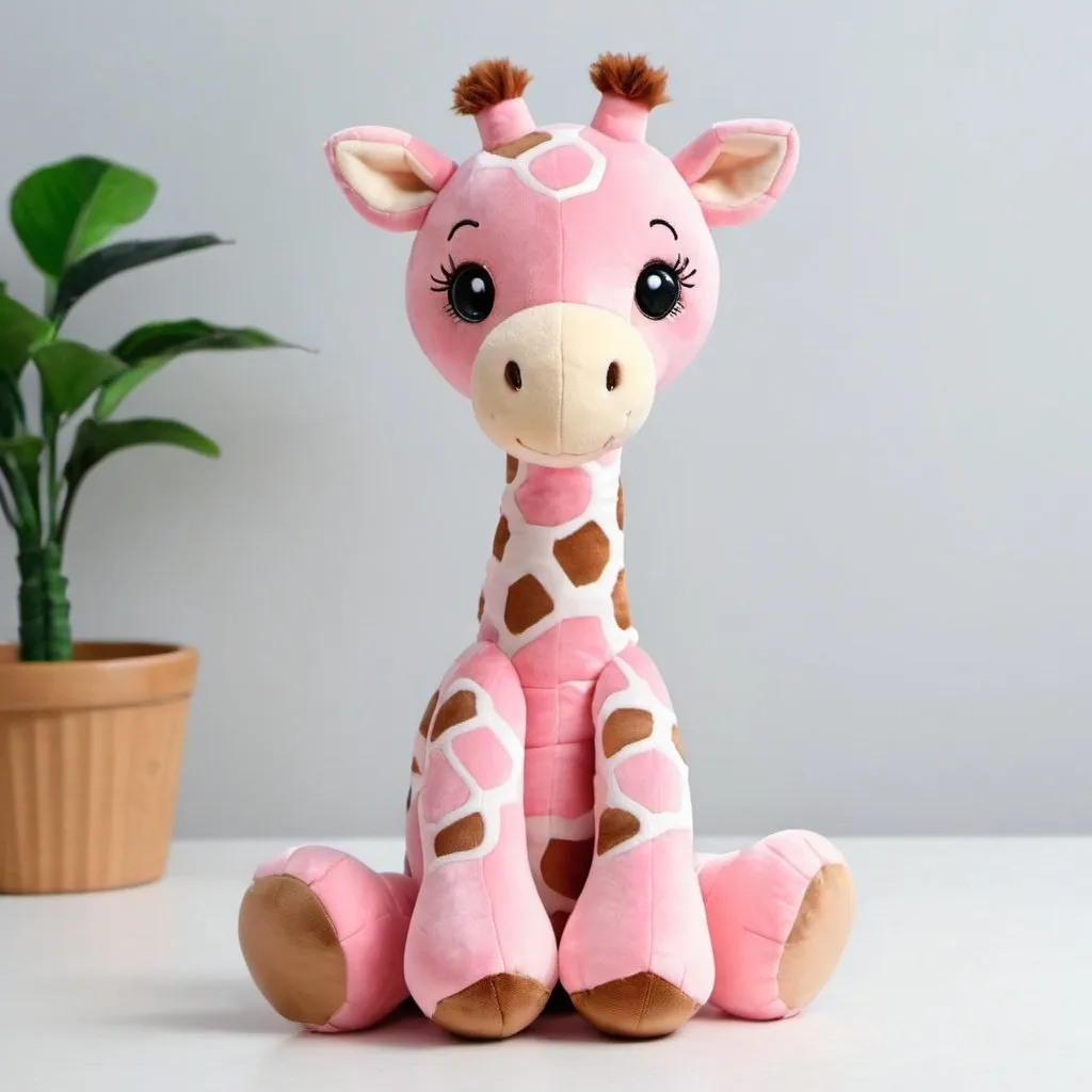 Prompt: A cute pink giraffe stuffed toy.