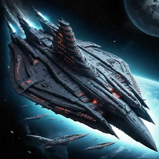 Prompt: make a cosmic futuristic alien space super battleship give it a menacing, badass, powerful and strong look but mysterious as well as it is the most powerful and strongest one of them all. It is powered by draining energy from the corpse of a dying god