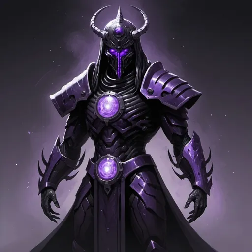 Prompt: Generate me a concept art of the void emperor from the scp universe. He is a extremely powerful cosmic reality warping/manipulating entity that is beyond god-like in terms of power and is everything power is, make him wear a black and purple armor with a mysterious cosmic feel to it. Give him a warrior-like appearance and an ancient juggernaut vibe to him as he is an unstoppable force, but don't make him too large or buffed. Give him a full face mask and helmet his gender is male