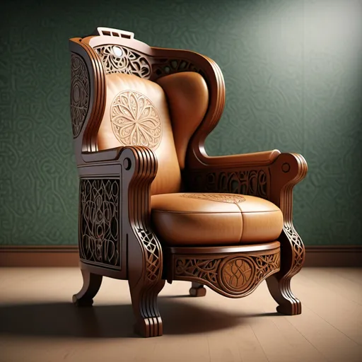 Prompt: a high-tech nanotechnology chair with a carved back and foot rest in a room, arts and crafts movement, finely detailed features, a digital rendering and aesthetic design has many various pattern and nanotech